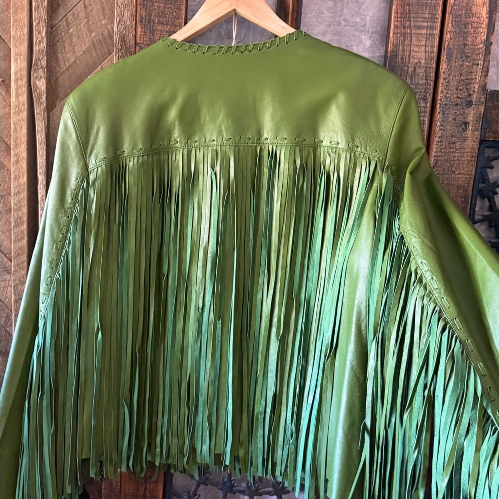 Double D Ranch Vibrant Green Giddy Up Leather Jacket with Fringe - Picture 2 of 4